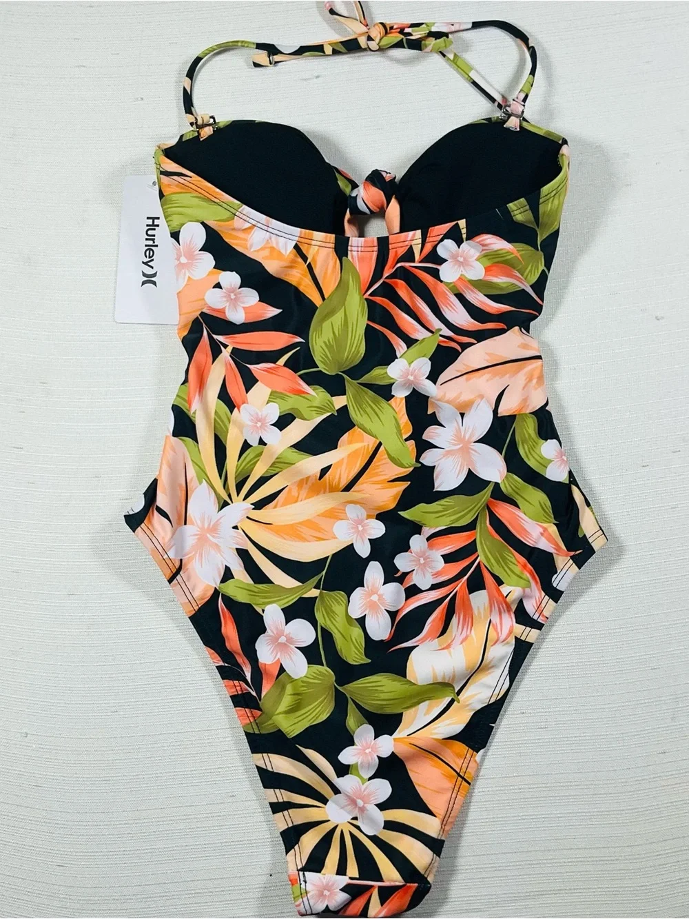NWT HURLEY Women’s Black Hawaiian Tropical Floral High Waist One-Piece Swimsuit
